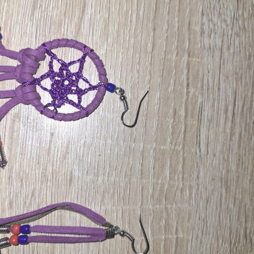 Handmade earrings with feathers and beads, new, purple and brown