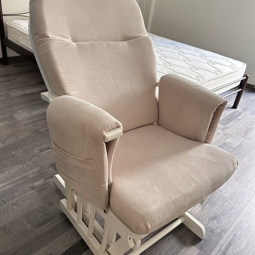 Rocking nursing chair like new, white wooden frame, beige fabric