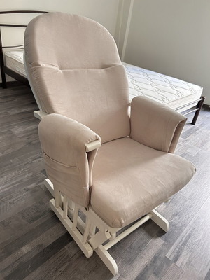 Rocking nursing chair like new, white wooden frame, beige fabric