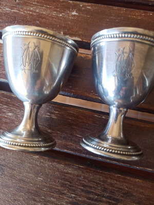 Silver-plated egg cups used, set of two with monogram
