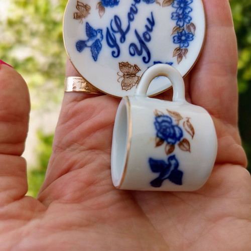 Vintage porcelain miniature set cup and saucer I Love You with gold trim like new