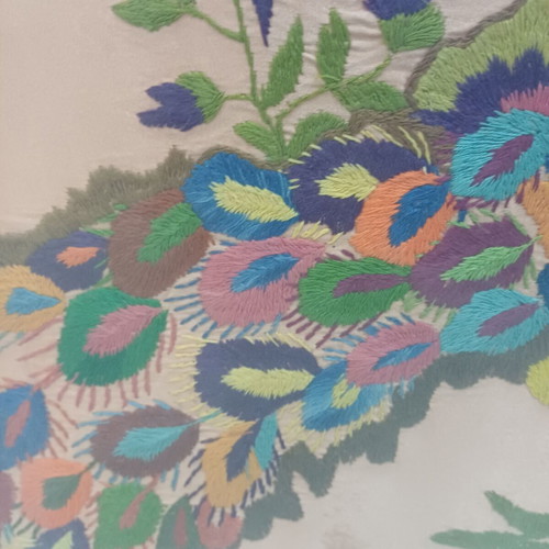 Asymmetrical embroidered paintings with peacocks used, set of two