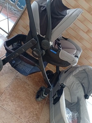 Graco 3-in-1 stroller used with carrycot, footmuff, and rain cover