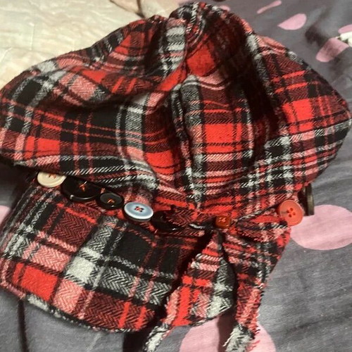 Plaid button hat handmade, red