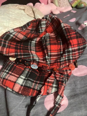 Plaid button hat handmade, red