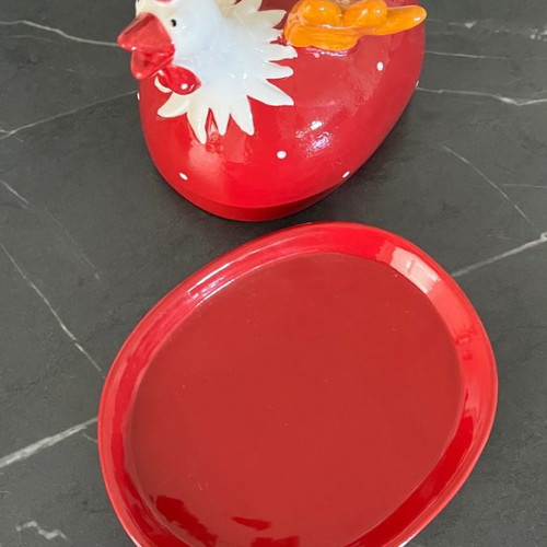 Ceramic Easter butter dish and salt pepper set new with red and white hens