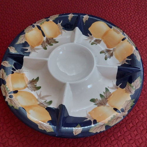 Ceramic Serving Platter with 6 Sections and Dip Bowl Lemon Design like new