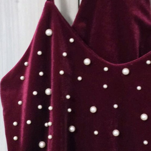 Velvet blouse with pearls new, red one size