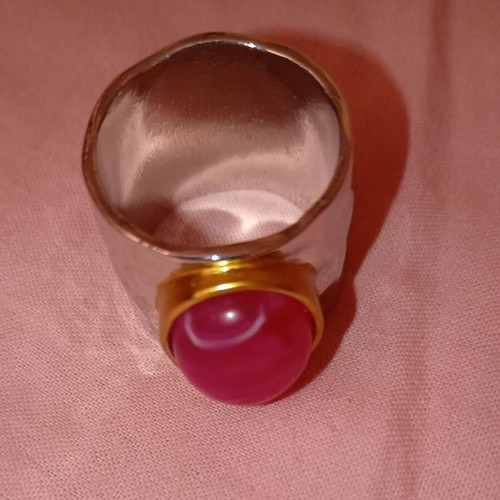 Enigma ring with pink oval stone and hammered copper metal