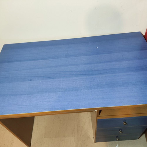 Computer desk with drawers used, natural wood and blue