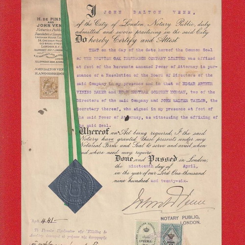Power of Attorney document used from English insurance company for Greek contracts 1926