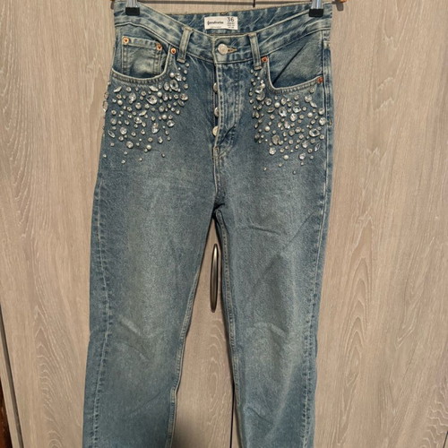 Stradivarius straight-leg jeans with rhinestones like new, turquoise