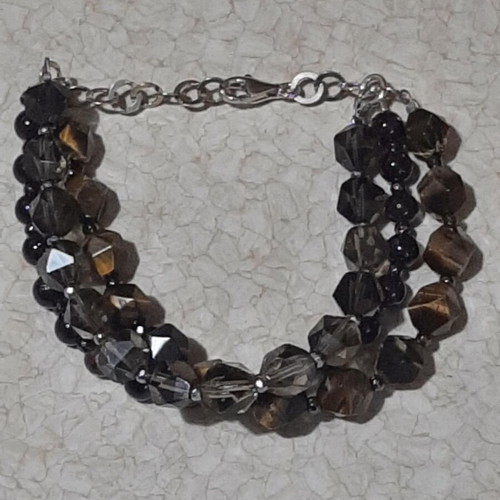 Silver 925 bracelet 3 rows with tiger eye, smoky quartz, garnet new