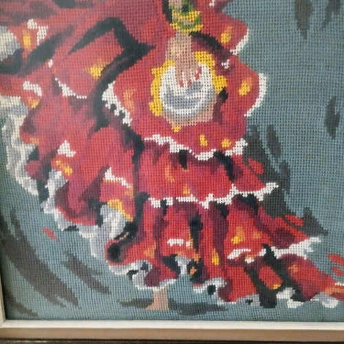 Vintage Handmade Embroidery "Spanish" – Canvas with Wooden Frame
