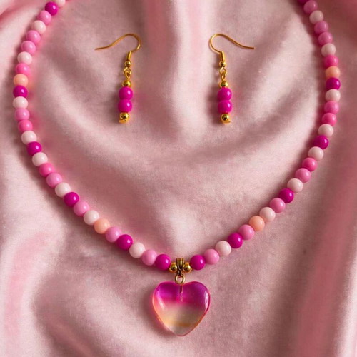 Handmade pink summer necklace and earrings set new