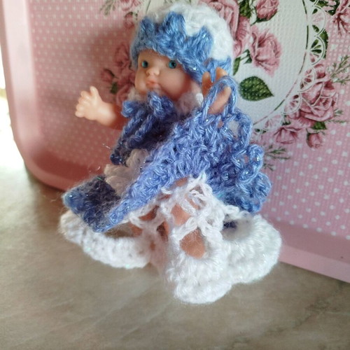 Doll with handmade dress and hat new, 10 cm