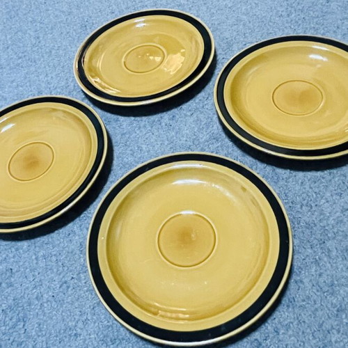 Retro ceramic cup set used, 4 pieces mustard yellow with black rim