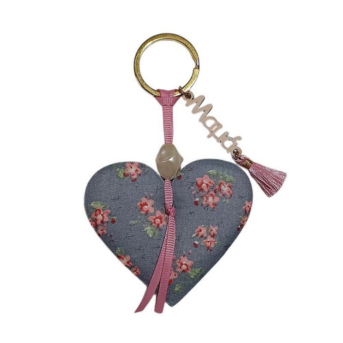 Keychain Mama Heart Fabric Gray Floral Made to Order