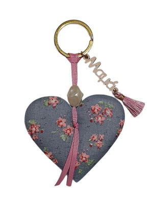 Keychain Mama Heart Fabric Gray Floral Made to Order