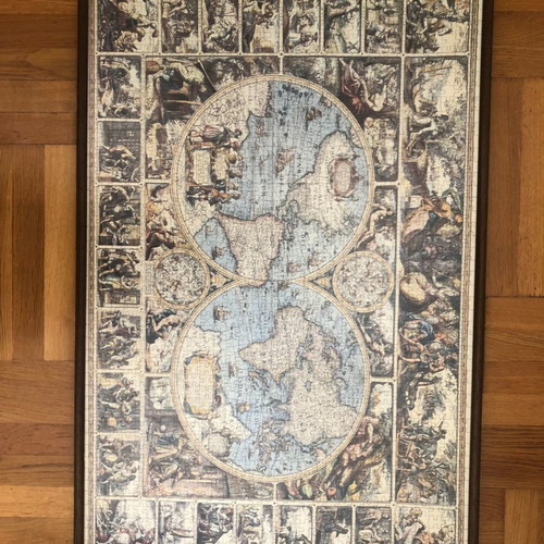 World puzzle with frame used, brown color and glass