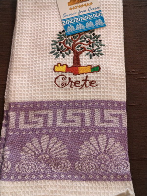 Cotton kitchen towel new with Crete embroidery and purple border