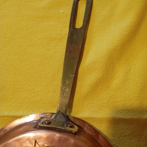 Vintage copper decorative frying pan with embossed owl used