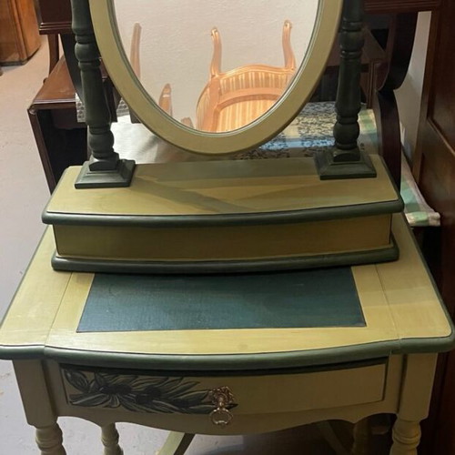 Oval tabletop cheval mirror with wooden base and drawer, shabby chic style