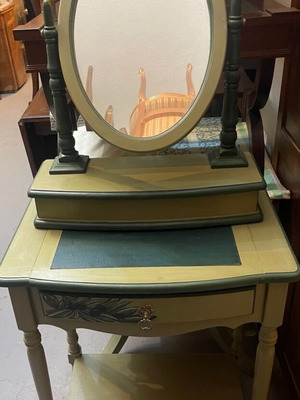 Oval tabletop cheval mirror with wooden base and drawer, shabby chic style