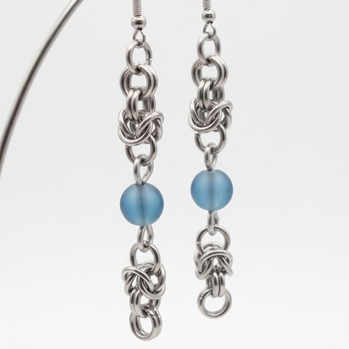 Chainmail earrings Byzantine weave with blue beads, new steel