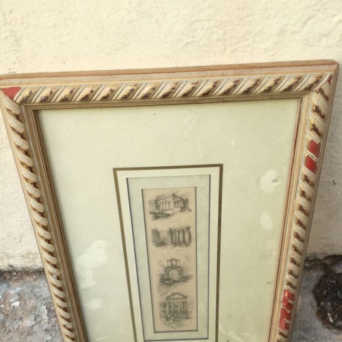 Retro engraving 1950 with handmade wooden carved frame used with wear