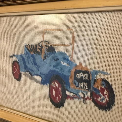Vintage wooden frames used with hand-stitched car designs