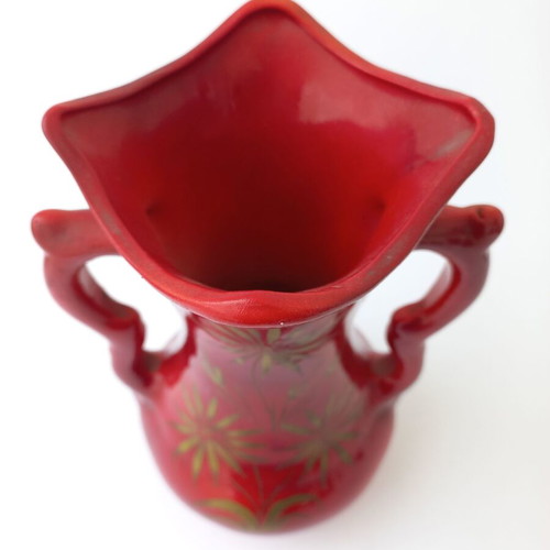 Handmade ceramic vase vintage used, red hand-painted