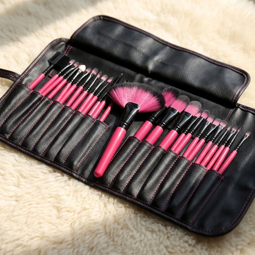 Professional Makeup Brush Set 24 Pieces with Carrying Case, Fuchsia Black