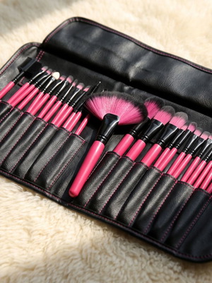 Professional Makeup Brush Set 24 Pieces with Carrying Case, Fuchsia Black