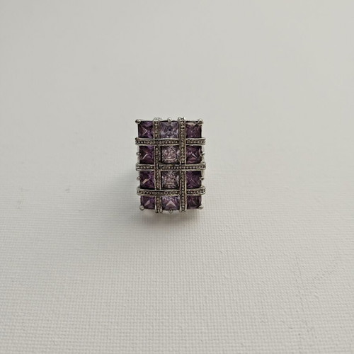 Silver ring with purple crystals like new, geometric design