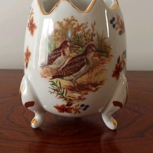 Porcelain vase broken egg like new with painted bird and flower designs