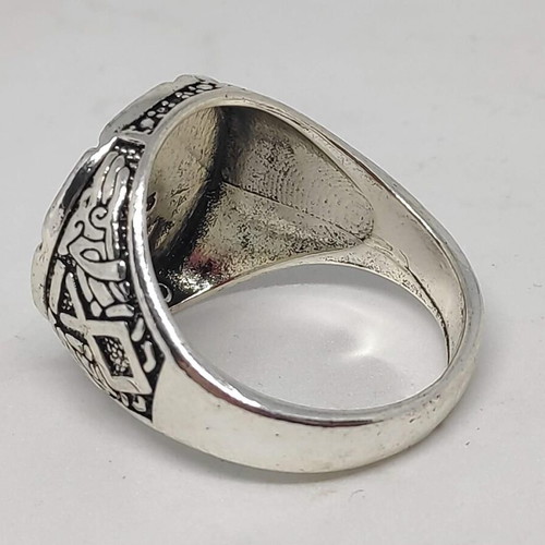 Men's Wolf Head Ring with Viking Symbols like new