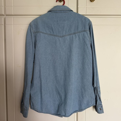 Wrangler denim shirt used with patches, blue and pink