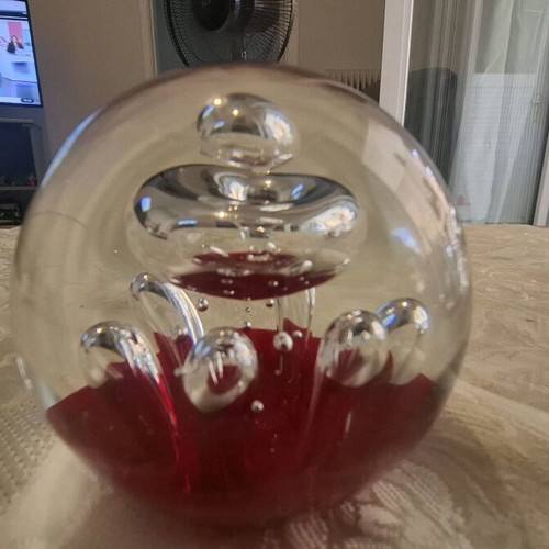 Glass paperweight decorative with red bubbles like new