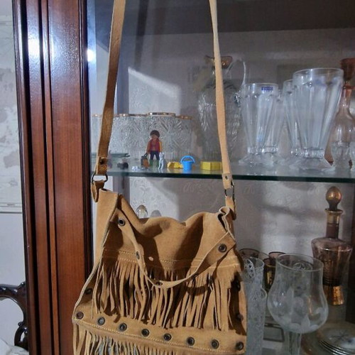 Shoulder bag used, genuine suede with brown fringes