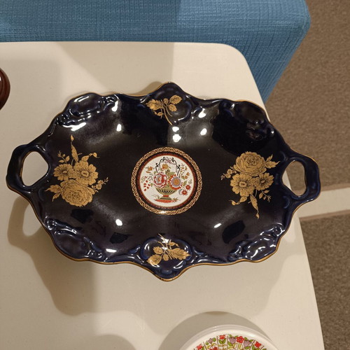 Vintage 70s cobalt blue porcelain fondue dish with gold accents used
