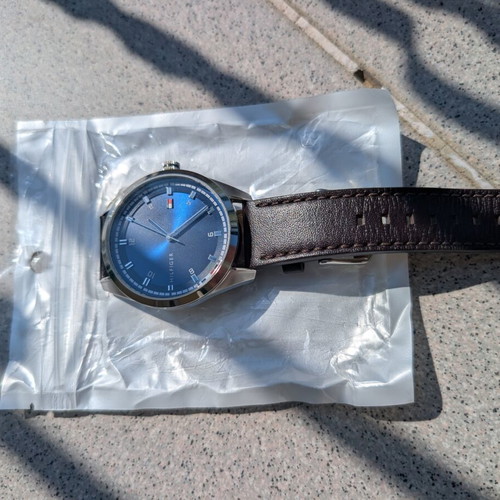 Tommy Hilfiger men's leather watch with blue sunray dial