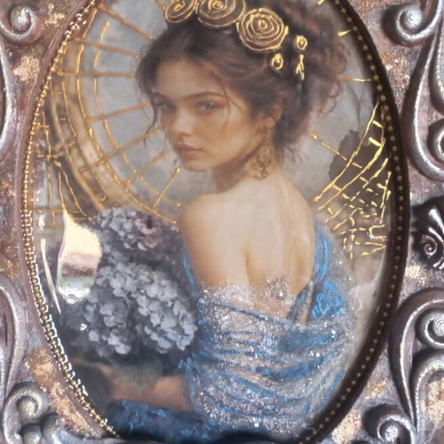 Vintage tabletop frame Blue Hortensia with glass coating 39×26 cm