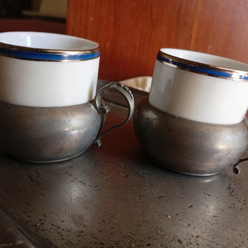 Vintage pewter serving tray with two Italian porcelain cups