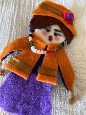 Doll brooch new handmade with beads and fabrics