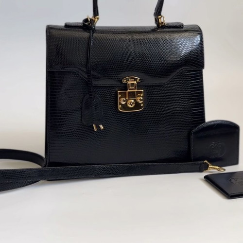 Gucci Lady Lock lizard skin shoulder bag used, large, black