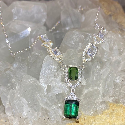 Silver necklace with natural indicolite, green tourmaline, topaz and moissanite