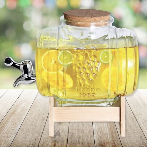 Glass barrel container with tap and wooden stand 3L
