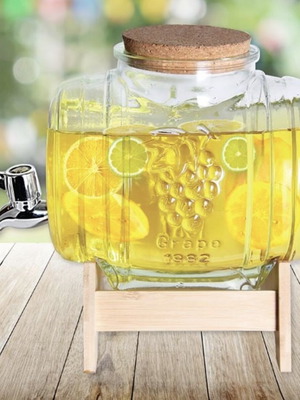 Glass barrel container with tap and wooden stand 3L