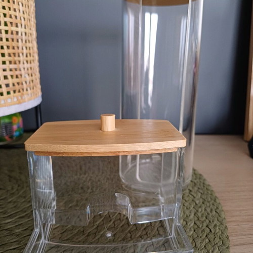 Set of containers for makeup remover pads and cotton swabs like new, acrylic and bamboo